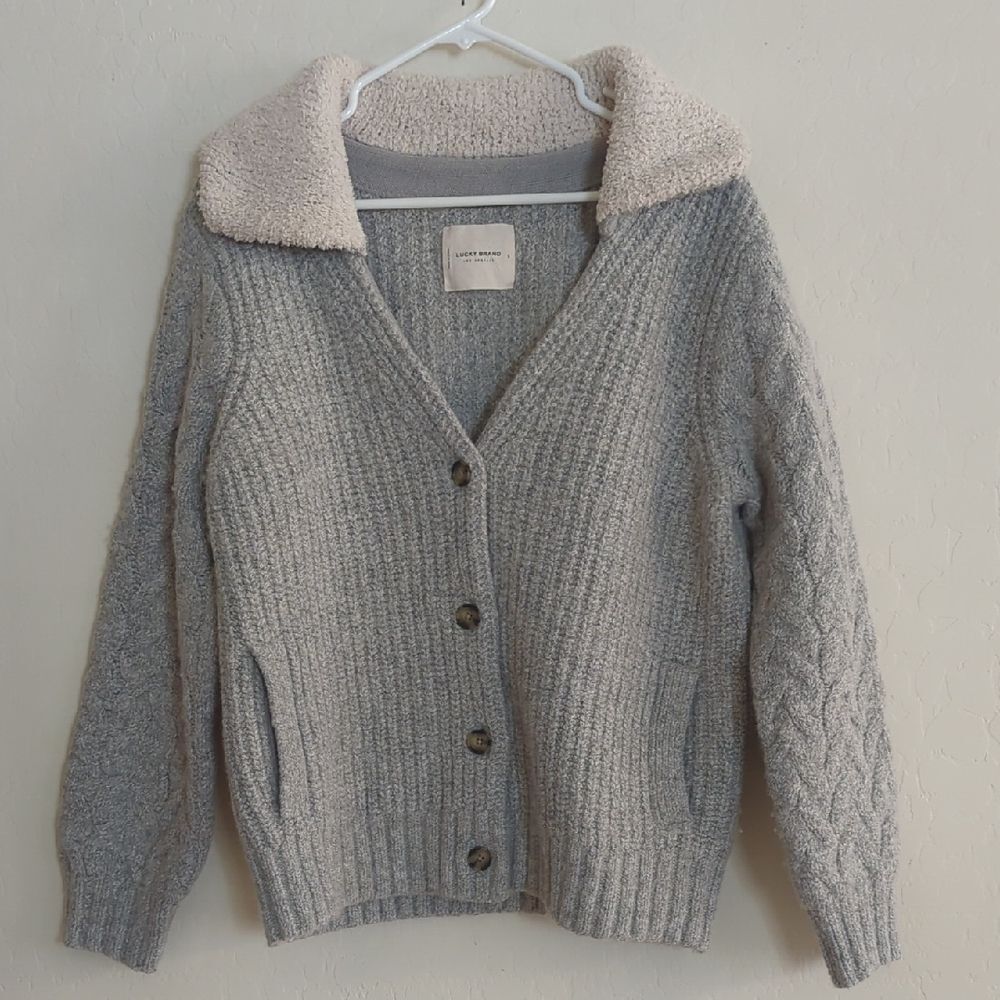 Lucky Brand Gray Knit Sweater Cardigan Four Button Up White Collar - Size L